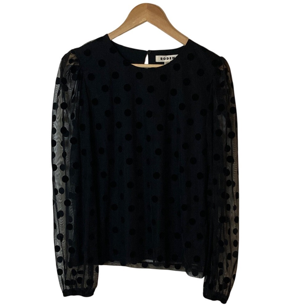 Boden Womens Sheer Black Long Sleeve Polka Dot Blouse Size 8 Dressy Poof Sleeve
